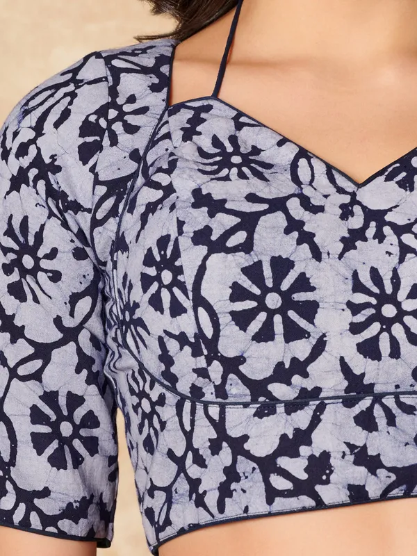 Blue batik printed cotton V neck ready made blouse