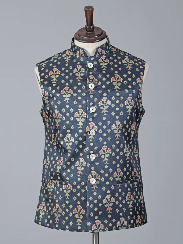 Blue brocade elegant printed waistcoat