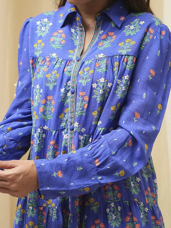 Blue casual printed silk kurti for women