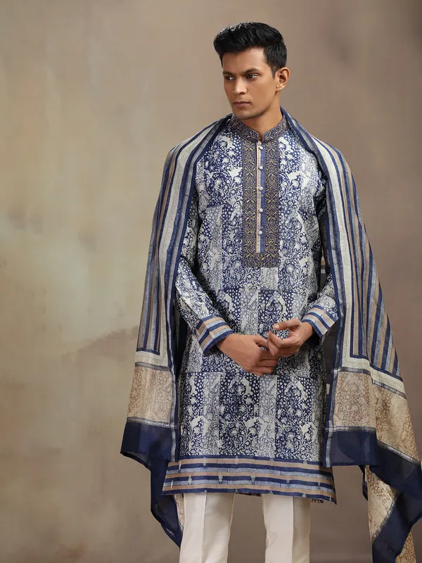 Blue chanderi silk printed kurta pajama with dupatta