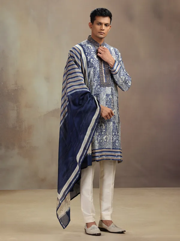 Blue chanderi silk printed kurta pajama with dupatta
