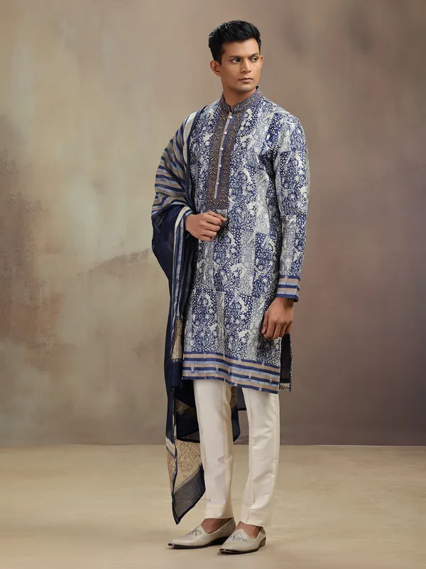 Blue chanderi silk printed kurta pajama with dupatta