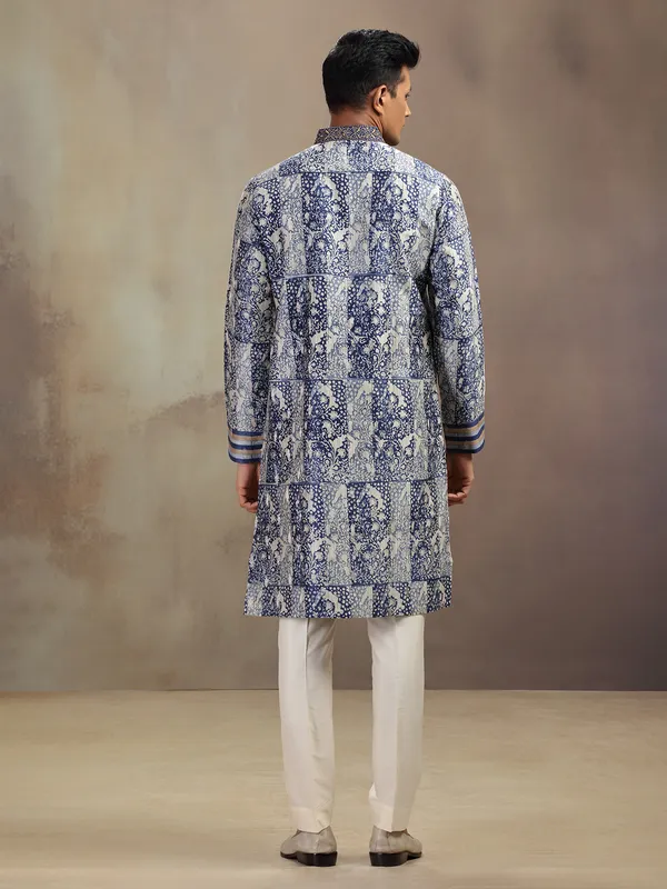 Blue chanderi silk printed kurta pajama with dupatta