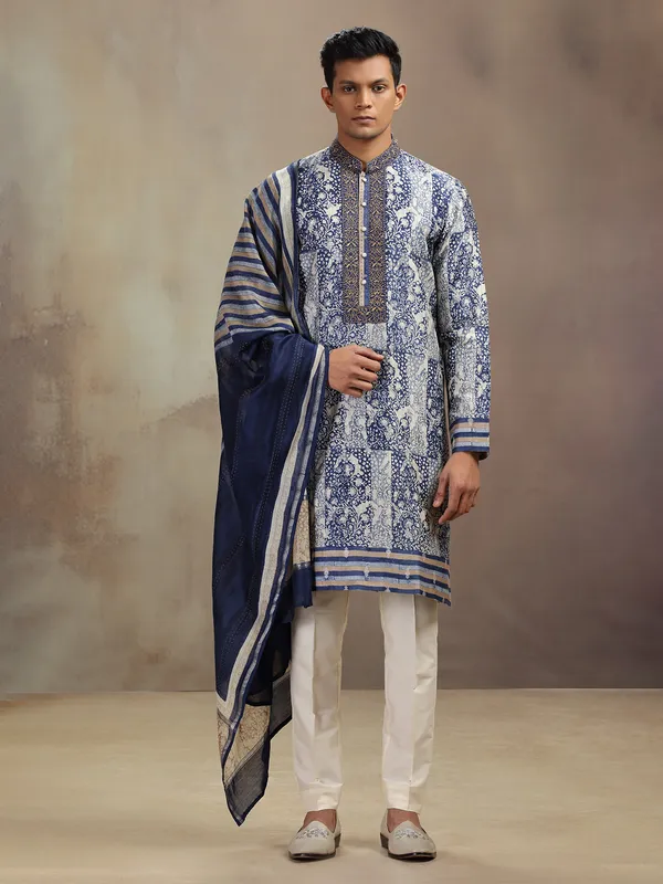 Blue chanderi silk printed kurta pajama with dupatta