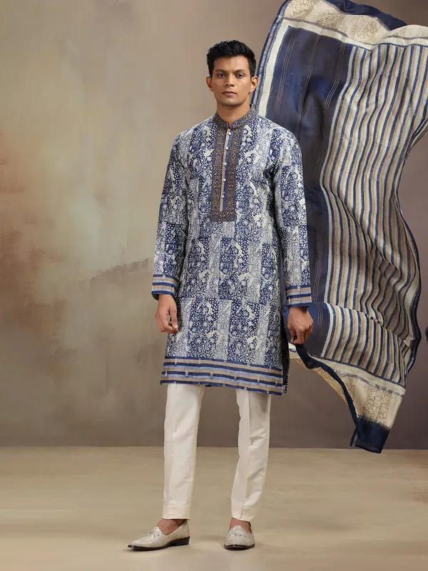 Blue chanderi silk printed kurta pajama with dupatta