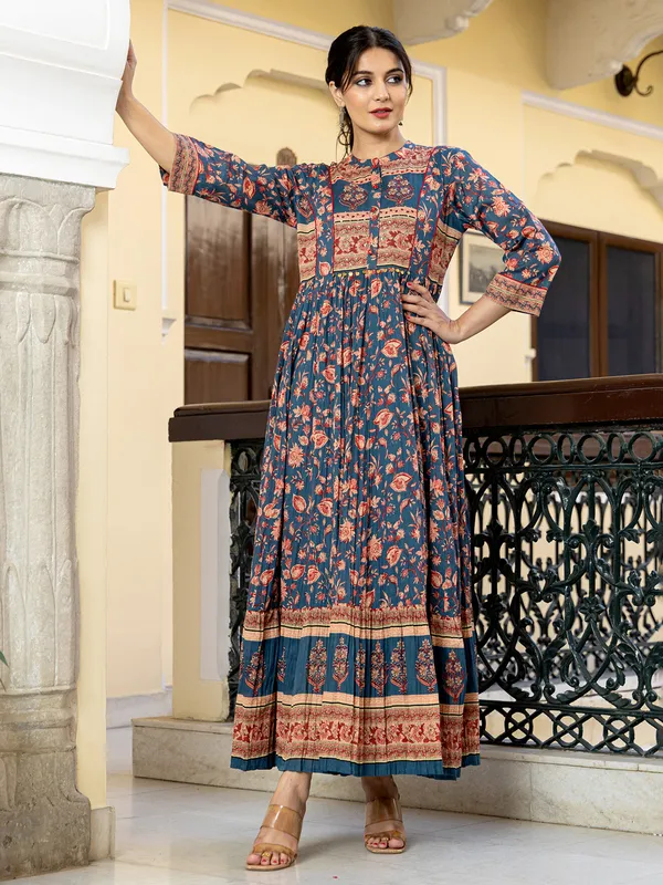 Blue charm stand collar kurti for women