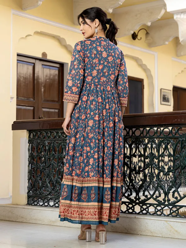 Blue charm stand collar kurti for women
