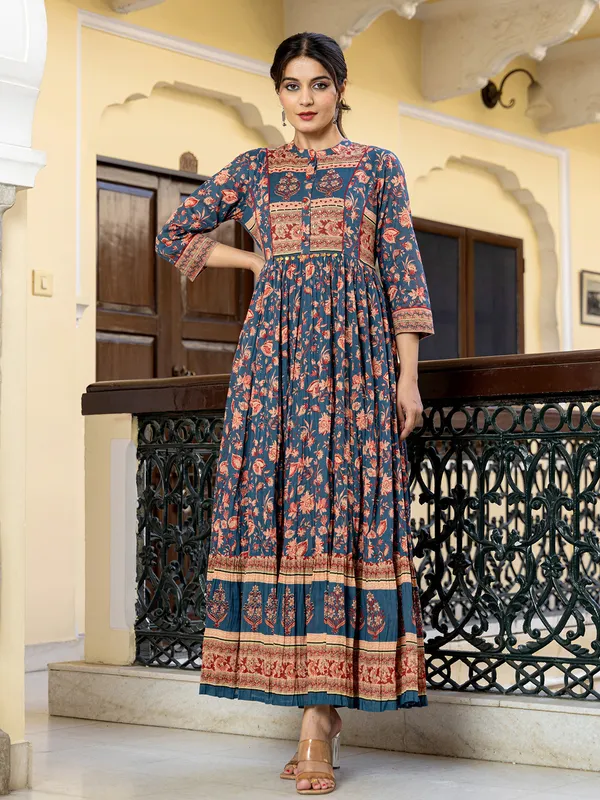 Blue charm stand collar kurti for women