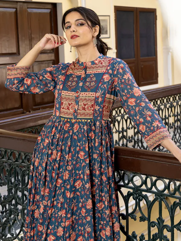 Blue charm stand collar kurti for women