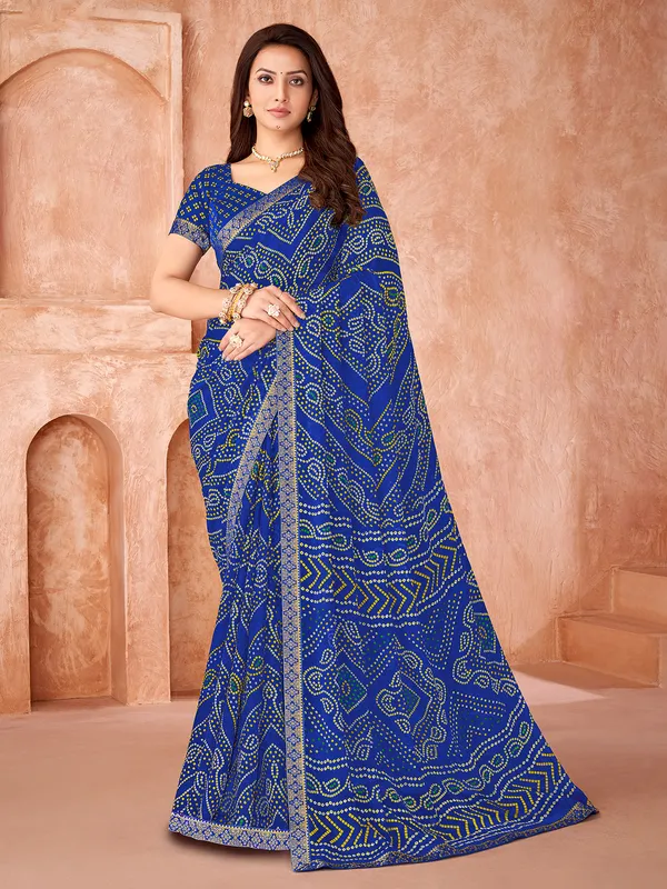 Blue chiffon printed saree for festivals