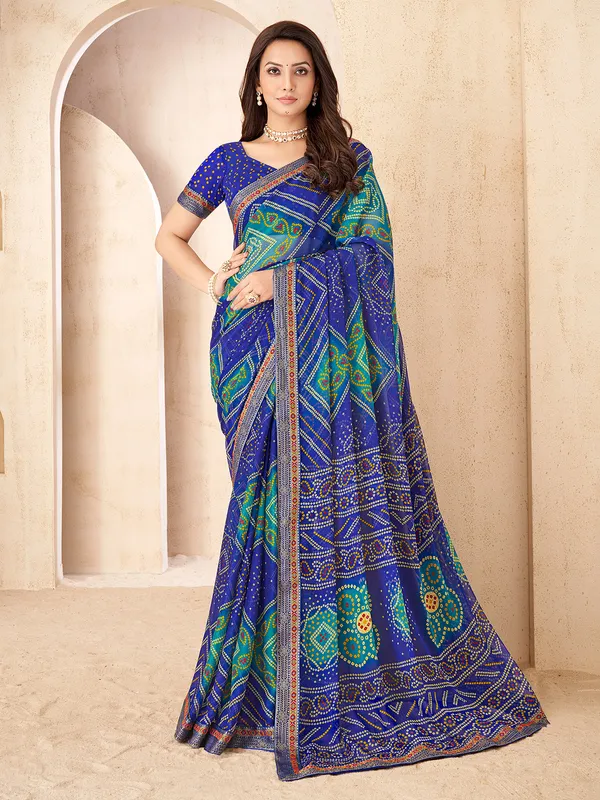 Blue chiffon saree with bandhani print