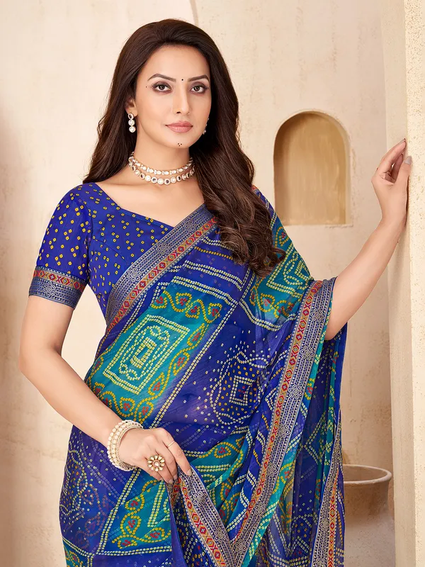 Blue chiffon saree with bandhani print