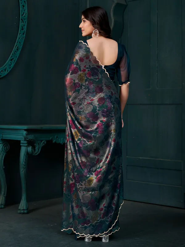 Blue chinon chiffon saree featuring printed diamond touch