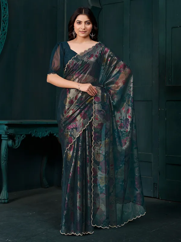 Blue chinon chiffon saree featuring printed diamond touch