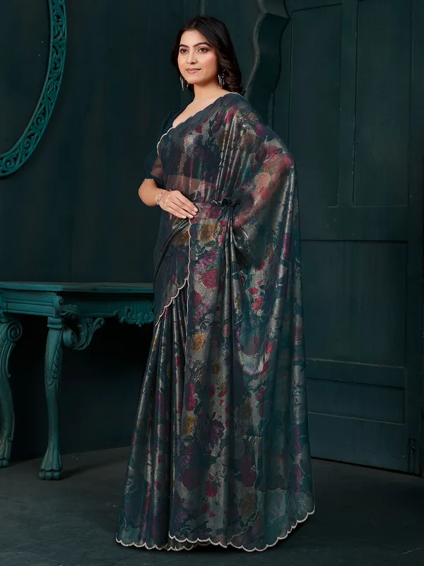 Blue chinon chiffon saree featuring printed diamond touch