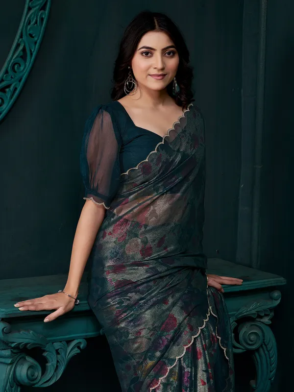 Blue chinon chiffon saree featuring printed diamond touch