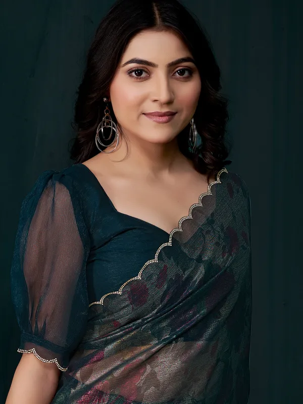 Blue chinon chiffon saree featuring printed diamond touch