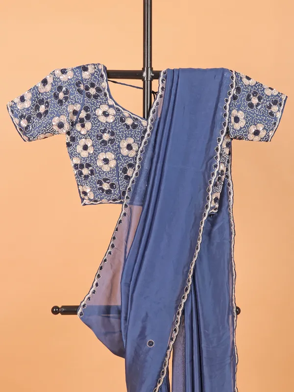 Blue chinon silk saree with ready made blouse