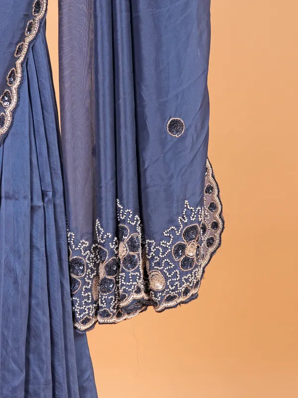 Blue chinon silk saree with ready made blouse