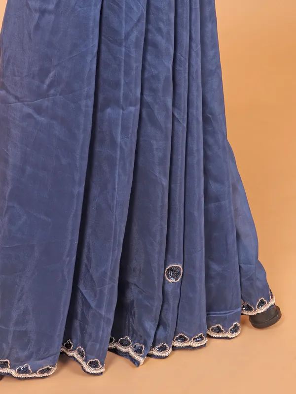 Blue chinon silk saree with ready made blouse