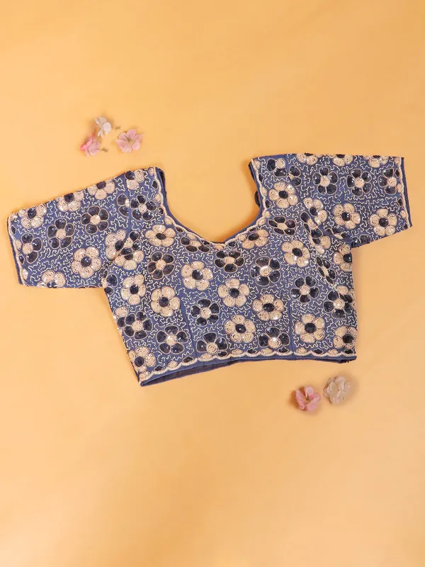 Blue chinon silk saree with ready made blouse