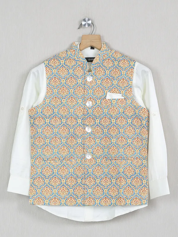 blue color cotton silk printed boys waistcoat with shirt