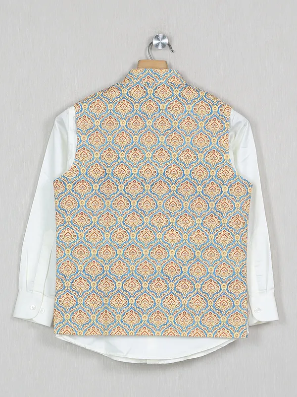 blue color cotton silk printed boys waistcoat with shirt