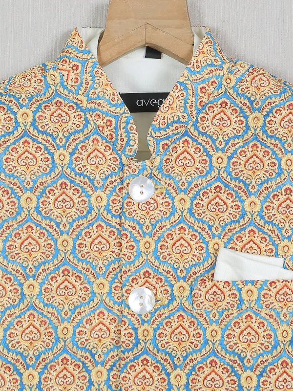 blue color cotton silk printed boys waistcoat with shirt