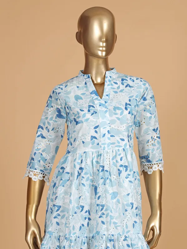 Blue cotton casual printed dress