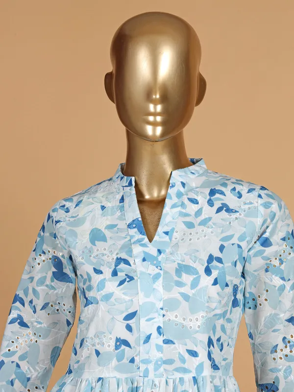 Blue cotton casual printed dress