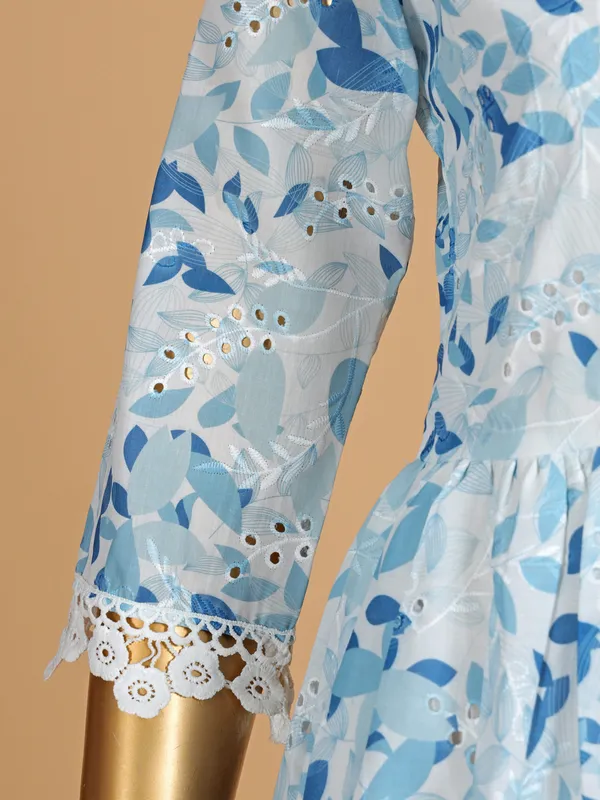 Blue cotton casual printed dress