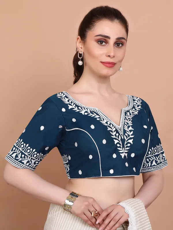 Blue cotton embroidered ready made blouse