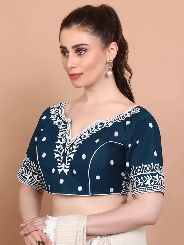 Blue cotton embroidered ready made blouse
