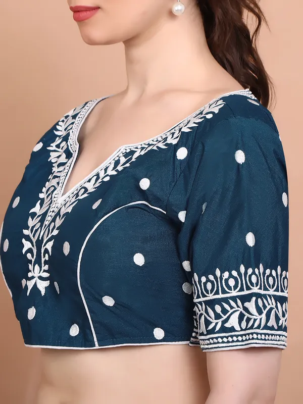 Blue cotton embroidered ready made blouse