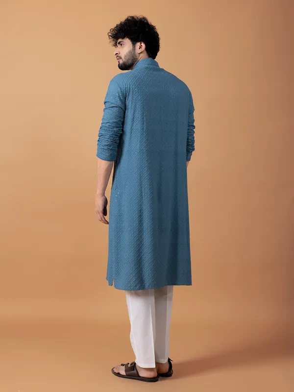 Blue cotton embroidery kurta suit for festive