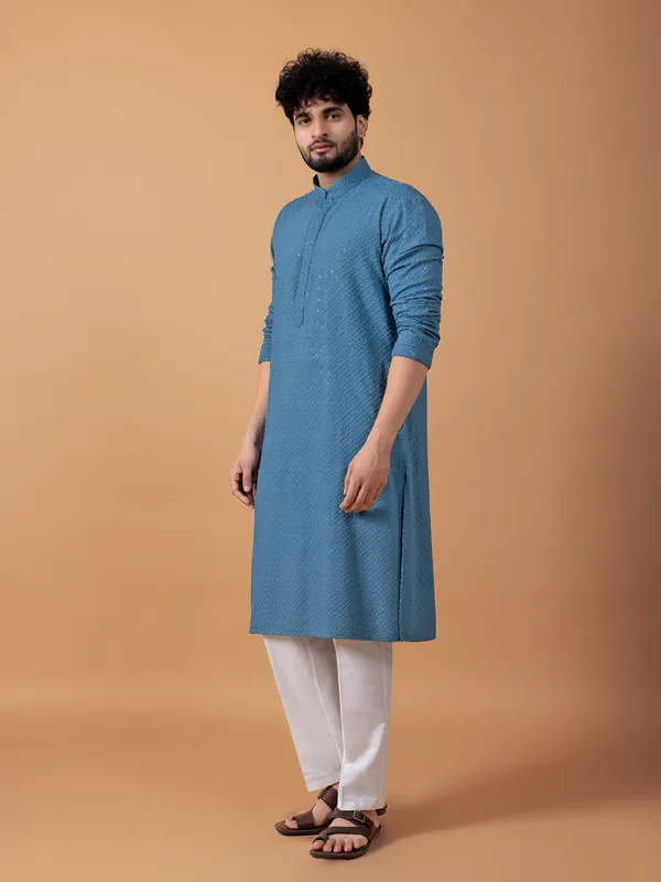 Blue cotton embroidery kurta suit for festive