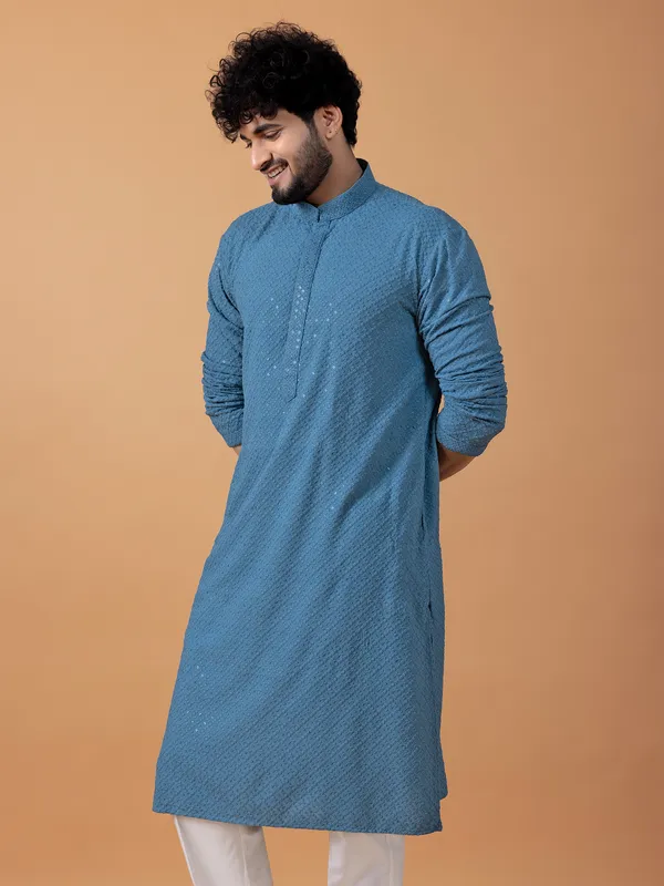 Blue cotton embroidery kurta suit for festive