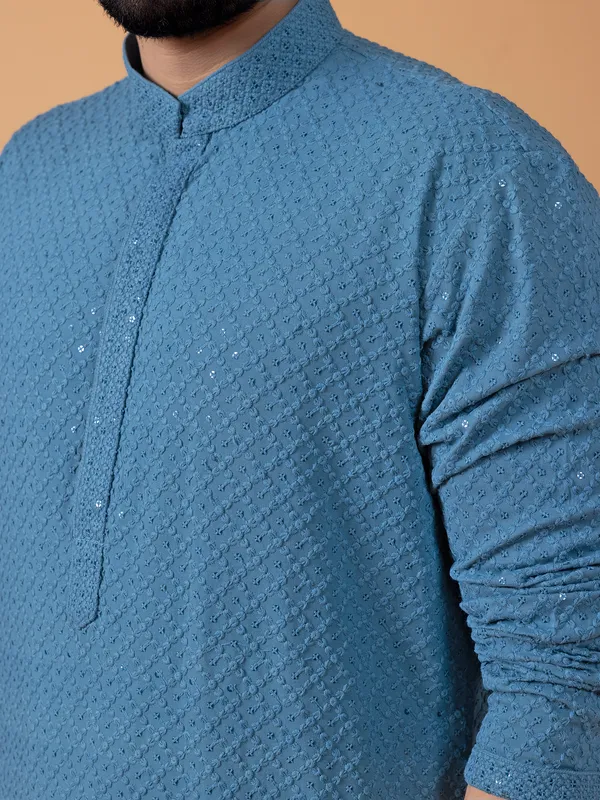 Blue cotton embroidery kurta suit for festive