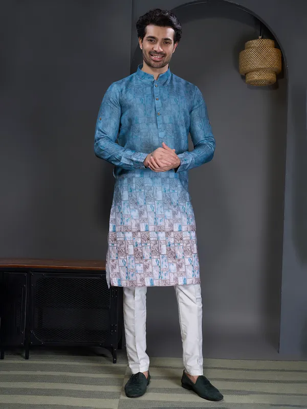 Blue cotton festival wear printed kurta suit