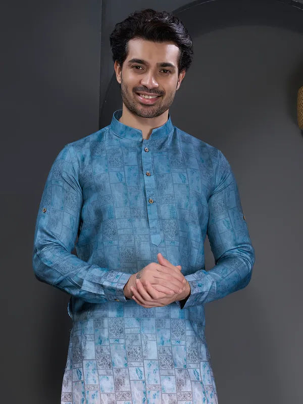 Blue cotton festival wear printed kurta suit