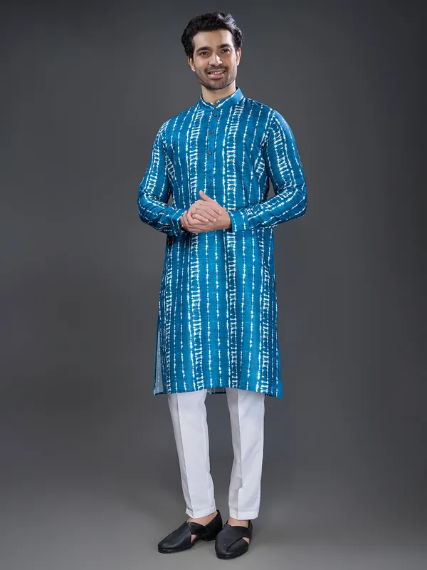 Blue cotton festive wear printed kurta suit for men