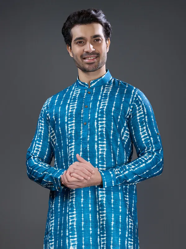 Blue cotton festive wear printed kurta suit for men