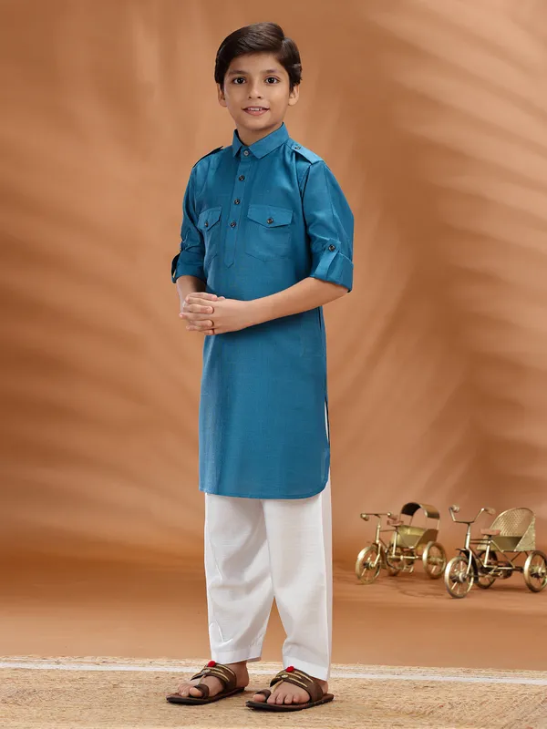 Blue cotton pathani kurta pant set for boys