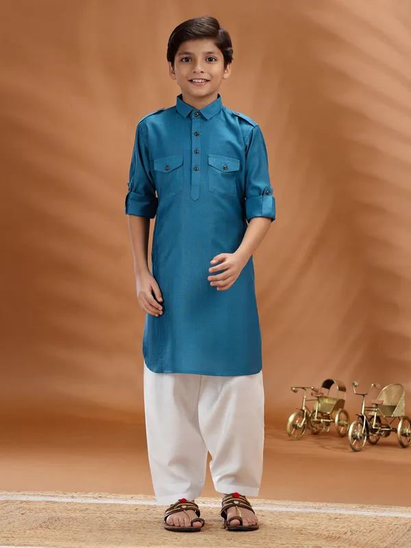 Blue cotton pathani kurta pant set for boys