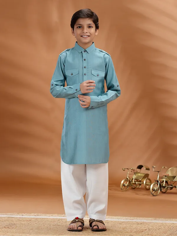 Blue cotton pathani kurta set for boys