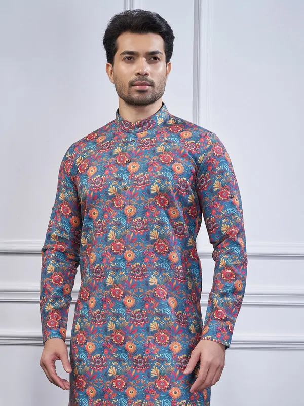 Blue cotton printed kurta suit for mens