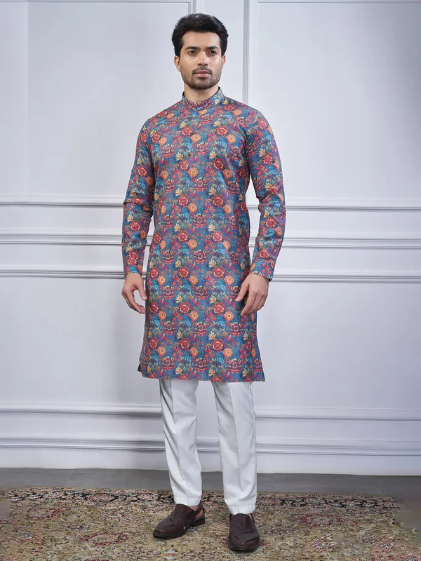 Blue cotton printed kurta suit for mens