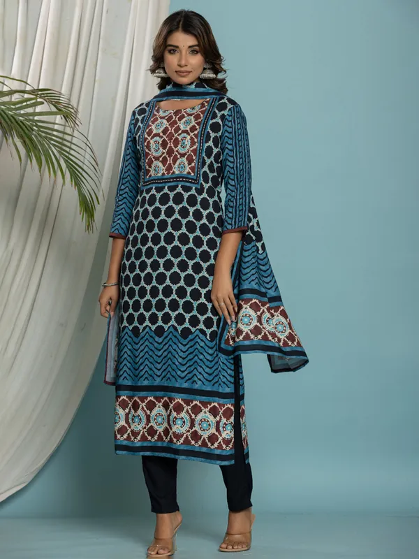 Blue cotton printed kurti set for women