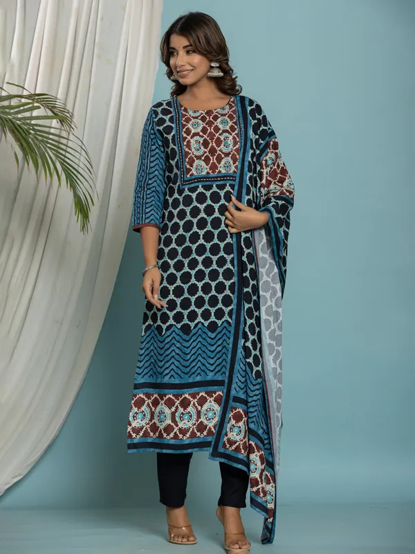 Blue cotton printed kurti set for women