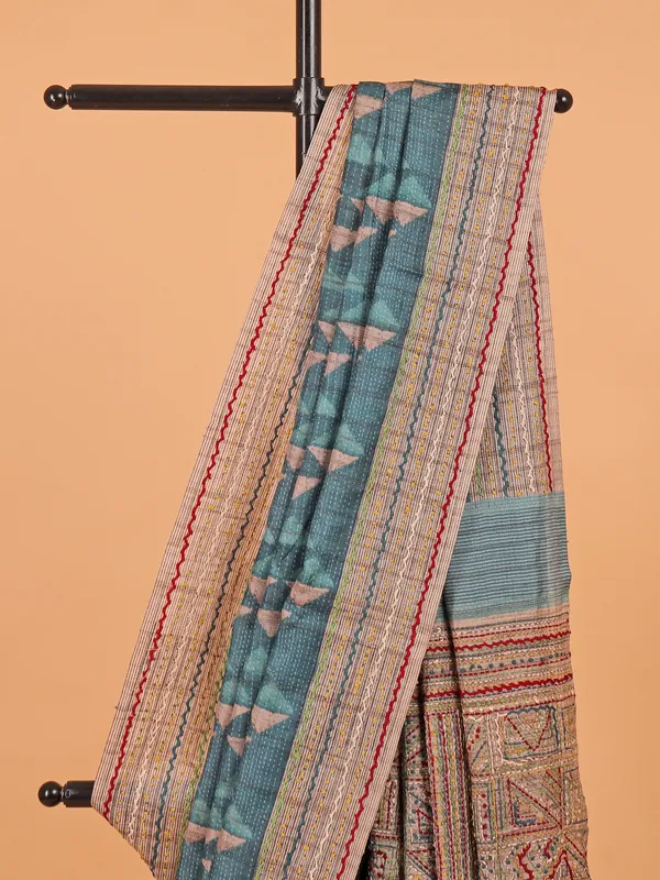 Blue cotton saree for festive with printed